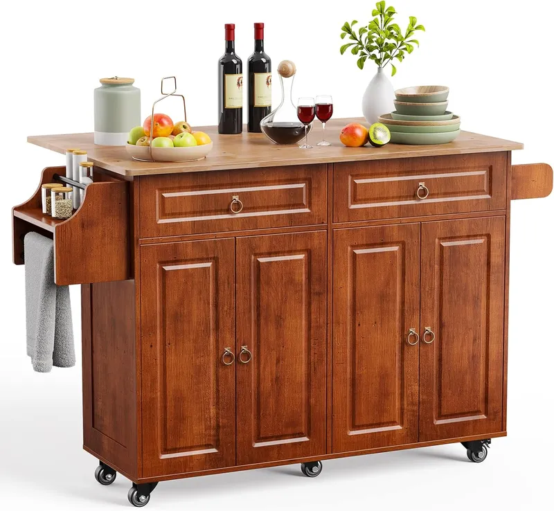 Qsun Kitchen Island with Drop Leaf and Storage